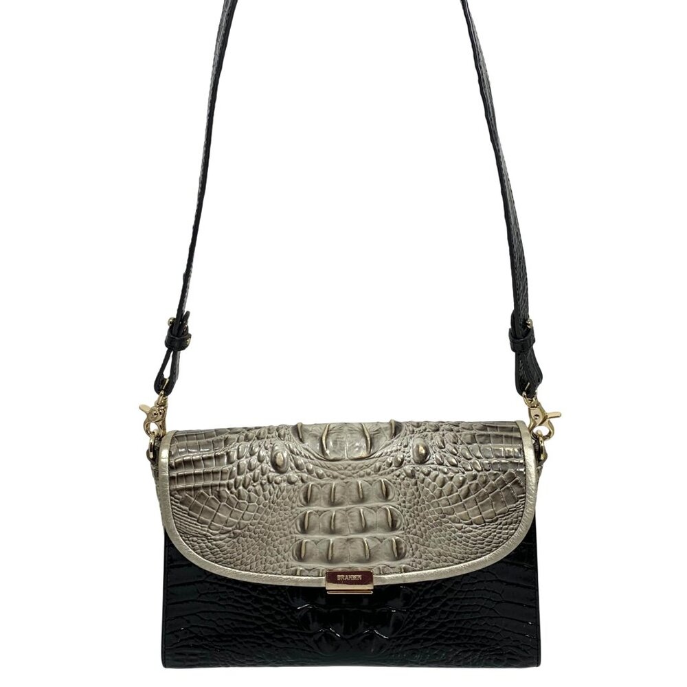 BRAHMIN Fold Over Clasp Shoulder Bag Clutch Crocodile Embossed Leather Silver